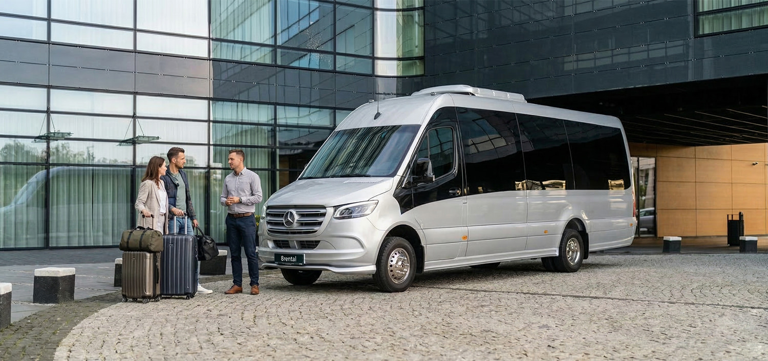 Minibus near building