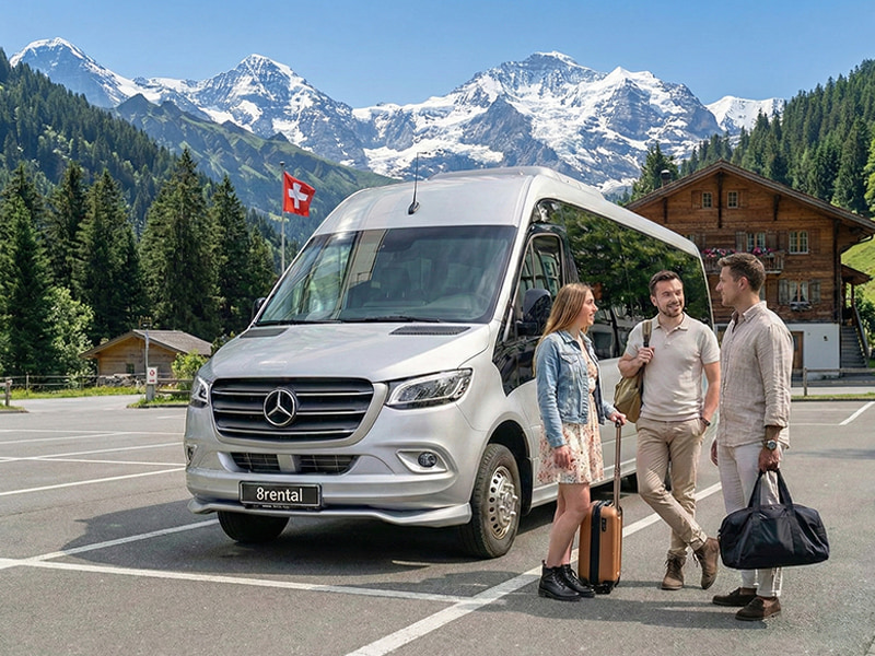 travel group with minibus on parking