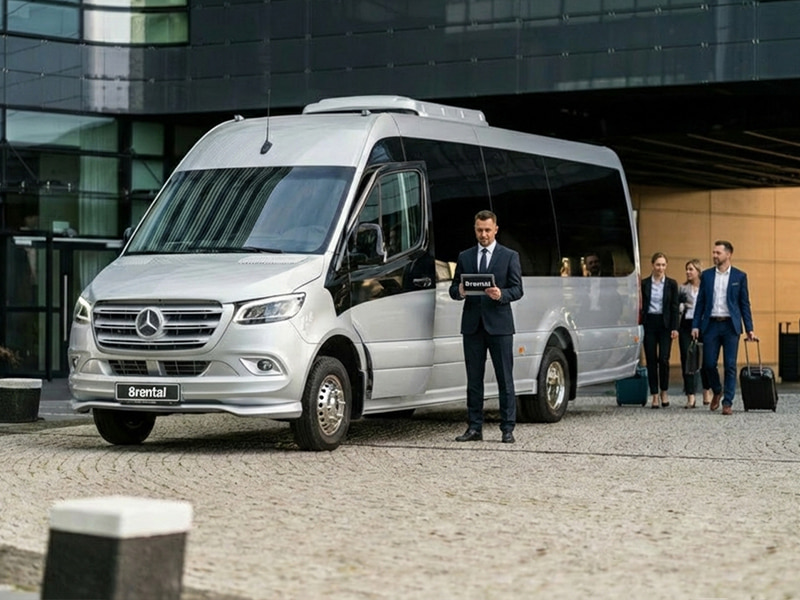 minibus with driver waiting for business group